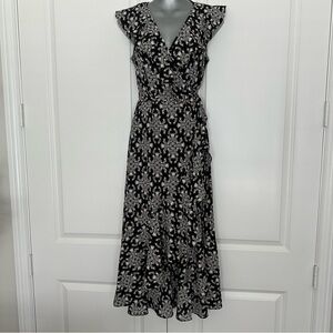 Max Studio Black Cream Boho Midi Wrap Dress Summer Spring XS